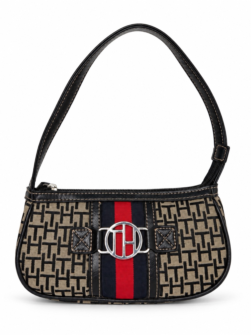 Vintage Tommy Hilfiger Y2K Monogram Baguette Shoulder Bag Red Navy Stripe